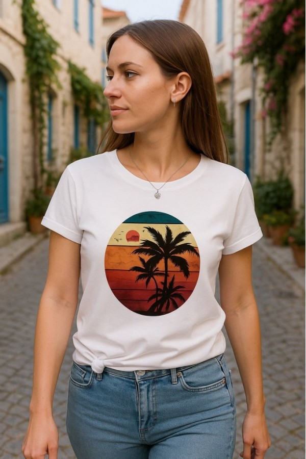 Women's Short Sleeve Palm Printed Viscose Blouse, 17345